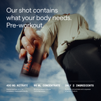 Athlete holding beetroot shot drink outdoors, promoting natural nitrate pre-workout supplement.