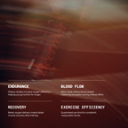 Blurry beetroot shot pack with text highlighting endurance, blood flow, recovery, and exercise efficiency benefits.